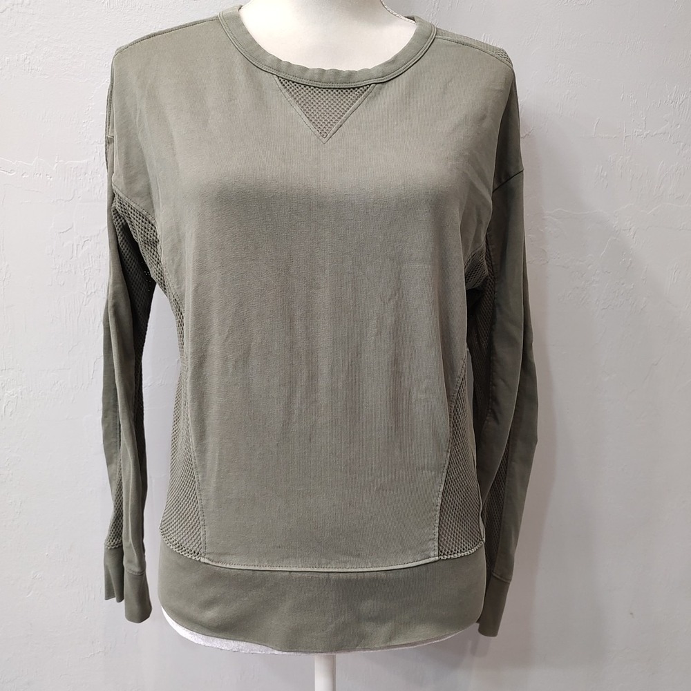 Athleta Women Olive Green Sweatshirt Sz Small Mesh Cotton Athleisure Yoga Gorp